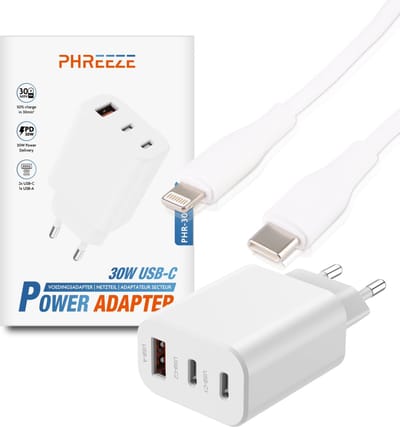 Snellader geschikt voor iPhone + Lightning Kabel - 30w usb C oplader - Usb stekker 3 poorten