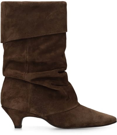 Manfield - Dames - Bruine suède slouchy enkellaarsjes met hak - Maat 38