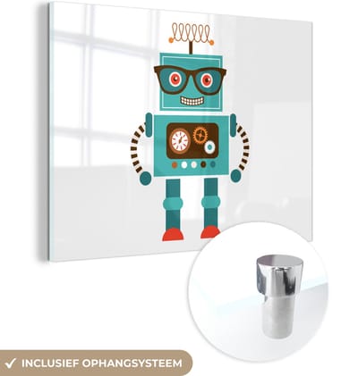 MuchoWow® Glasschilderij 160x120 cm - Schilderij acrylglas - Robot - Bril - Tandwielen - Gezicht - Jongens - Kids - Foto op glas - Schilderijen