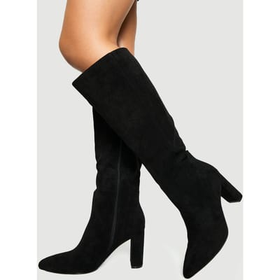 boohoo Dames Laarzen met brede pasvorm in nep-suede, blockhiel, kniehoge laarzen | Black | Maat: 3