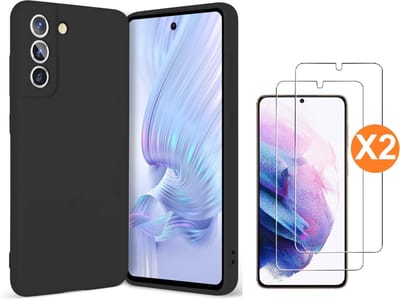 Hoesje Geschikt Voor Samsung Galaxy S21 FE Hoesje siliconen Zwart zacht siliconen hoesje TPU backcover - Met Screenprotector - 2 stuks