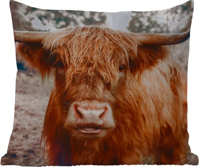 Buitenkussen - Koe- Schotse hooglander - Hoorns - Bruin - Landschap - 45x45 cm - Weerbestendig