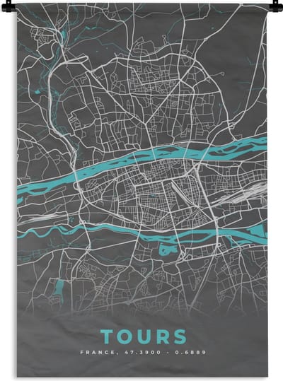 Wandkleed - Wanddoek - Tours - Plattegrond - Frankrijk - Kaart - Stadskaart - 120x180 cm - Wandtapijt