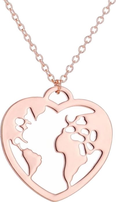 Fako Bijoux® - Ketting - Wereldbol Hart - Wereldkaart - Rosé Goudkleurig