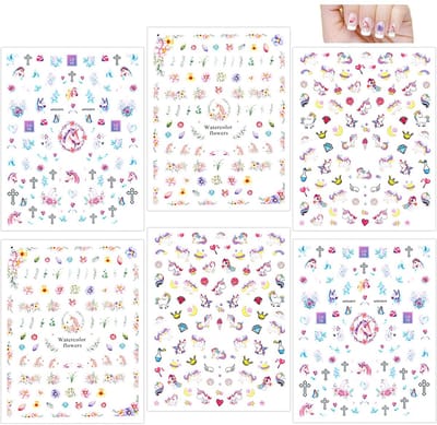 Dailygoods- Nagelstickers 3D - Zelfklevend - 500+ Designs - Eenhoorn/Bloemen - Nagelkunst voor Kinderen - Afmetingen 10 x 8 cm - Geschikt voor Cadeautjes - Nail Art Stickers