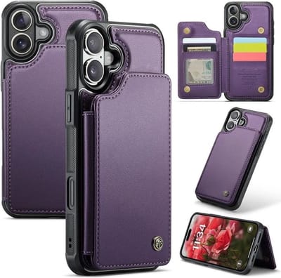 Luxe Portemonnee Backcover met Anti-RFID kaarthouders voor iPhone 16 _ Paars