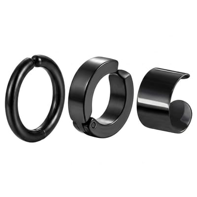 3 delige set Zwarte oorringen voor heren – minimalistische metalen oorbellen met gladde afwerking – moderne oorringen en ear cuff set