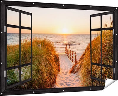 Gards Tuinposter Doorkijk Voetpad in de Duinen met Zonsondergang - 180x120 cm - Tuindoek - Tuindecoratie - Wanddecoratie buiten - Tuinschilderij