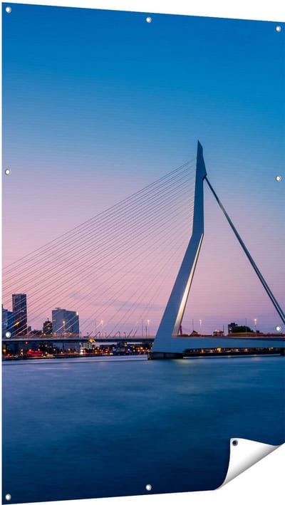 Gards Tuinposter Erasmusbrug in Rotterdam met Zonsondergang - 100x150 cm - Tuindoek - Tuindecoratie - Wanddecoratie buiten - Tuinschilderij