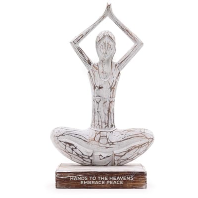 Yoga Beeldje Vrouw Hout - Wit/Whitewash - Handen Omhoog Houding - Handgemaakt In Bali - Spirituele Beelden - 17.5x7.8x30.5