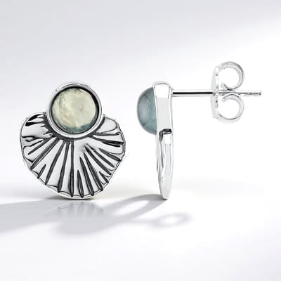 Cavill - Zilveren Oorbellen - 925 Sterling Zilver - 1.8ct Natuurlijke Groene Prehniet Cabochon - Ronde Bladvormige Elegante Oorbellen Dames