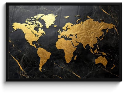 Poster in lijst - Fotolijst 90x60 cm - Posters - Wereldkaart - Goud - Marmer - Posterlijst zwart - Decoratie - Wanddecoratie woonkamer - Muurdecoratie slaapkamer