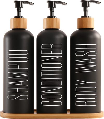 Famanu – Douche dispenser set met bamboe pompen en tray – shampoo conditioner body wash – zwart – badkamer essentials