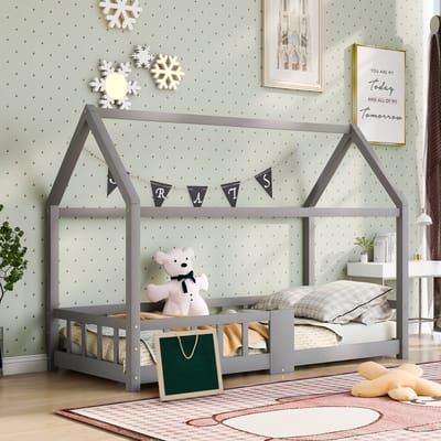 MODFU - Kinderbed 90x200 cm – Huisvorm met krijtbord & uitvalbeveiliging – Grijs grenenhout