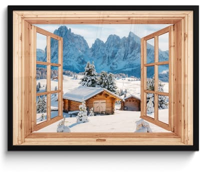 Poster in lijst - Fotolijst 70x50 cm - Posters - Doorkijk - Winterlandschap - Huisje - Bergen - Uitzicht - Posterlijst zwart - Decoratie - Wanddecoratie woonkamer - Muurdecoratie slaapkamer