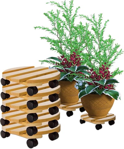 Set van 5 Houten Plantenrollers Rond - Stevig & Verrijdbaar voor Zware Potten en Meubels tot 120 kg