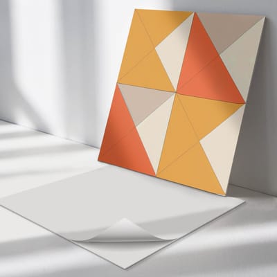 Wallfluent Vinyl Tegels - Geometrische Driehoeken in Lay-Out Vinyl Vloer Tegels - 30 cm x 30 cm - Oranje PVC Tegels - 9 stuks - Vierkant PVC Tegels - Abstractie Plaktegels - Zelfklevende Vinyl Tegels - Plaktegels Keuken en Badkamer
