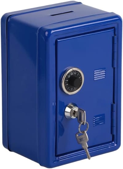 Spaarpot, geld- en muntpot, geldautomaat-achtige spaarpot, veilige spaarpot, met muntgleuf, kinderspecifieke sleutel, populair cadeau, kinderkluis (blauw)
