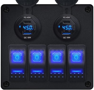 ProRide Schakelpaneel 12V voor Auto/Boot - USB/USB C Autolader 4 Poorten met Wattagemeter - 45W - QC3.0 - 4 schakelaars - Blauw