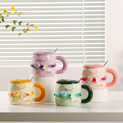 Leuk Pak van Hoge Waarde met Deksel Lepel Hittebestendig Meisjes Stel Waterbeker Klein Cadeau Mok Grote Capaciteit 380ML white