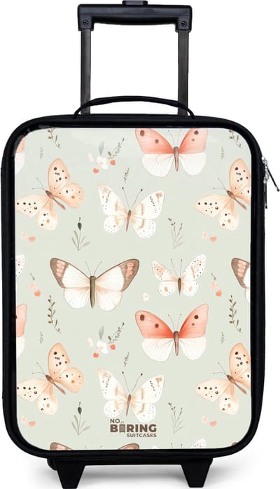 NoBoringSuitcases.com® - Kinderkoffer jongen - Kindertrolley meisje - Vlinder patroon in zachte oranje en rode tinten - Koffer kind lichtgewicht - Reiskoffer trolley voor kinderen - Koffertje met lichtgevende wieltjes - Rolkoffer zwart