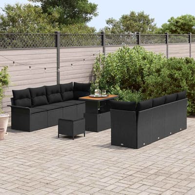 vidaXL - Tuinbank - Set - Zwart - Poly - Rattan - en - Staal - en - Massief - acaciahout