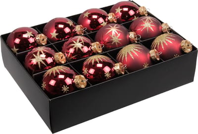 Othmar Decorations Kerstballen - gedecoreerd -12x st - donkerrood - D7,5 cm - glas - luxe