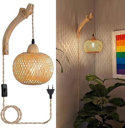 Houten Binnen Wandlamp met Stekker en Schakelaar - Vintage Rotan Lantaarn