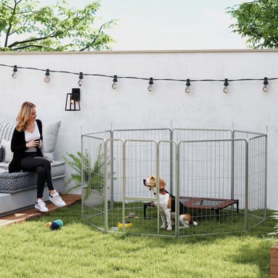 MODFU - Dierenren - 8 Panelen Met Deur En Draagriem - Opvouwbaar - Voor Binnen En Buiten - Staal - Zilver - 80 x 100 cm