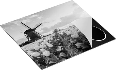 Chefcare Inductie Beschermer Roze Tulpen Bloemenveld - met Windmolen - Zwart Wit - 60x50 cm - Afdekplaat Inductie - Kookplaat Beschermer - Inductie Mat
