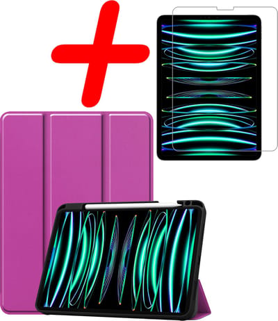 Hoesje Geschikt voor Apple iPad Pro (2022) - 11 inch - 4e generatie - Met Screenprotector - Trifold Bookcase - Hard Cover Case - Met Uitsparing Geschikt voor Apple Pencil - Hardcover Book - Tablet Hoes - Paars