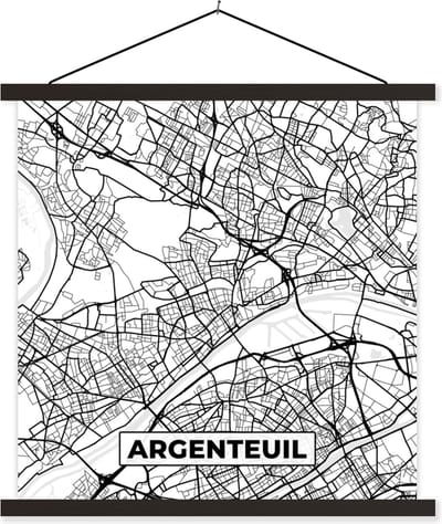 Posterhanger incl. Poster 60x60 cm - Schoolplaat - Plattegrond - Argenteuil - Kaart - Frankrijk - Stadskaart - Zwart wit - Textielposter - Zwarte latten - Stadskaart