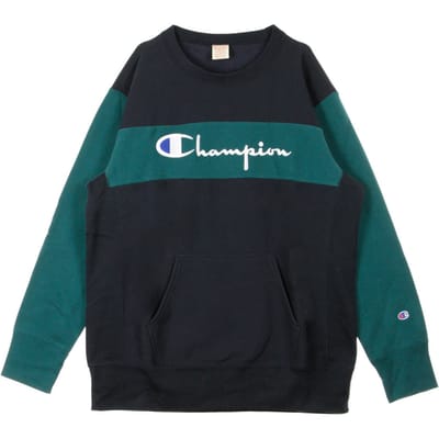 Herensweatshirt met kleurblokken en kangoeroezak, omgekeerd geweven, ronde hals, donkerblauw/groen