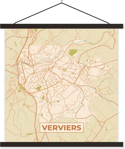 Posterhanger incl. Poster 60x60 cm - Schoolplaat - Kaart - Plattegrond - Vintage - Stadskaart - Verviers - Textielposter - Zwarte latten - Stadskaart
