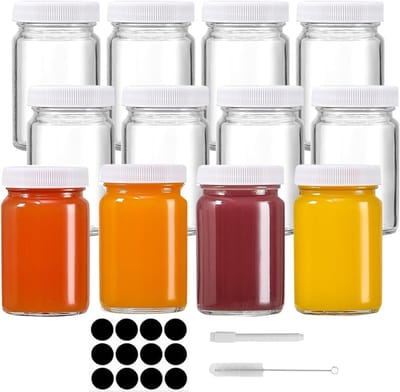 Set van 12 Herbruikbare Mini Glazen Flessen van 60ml - Ideaal voor Smoothies, Sauzen en Opslag