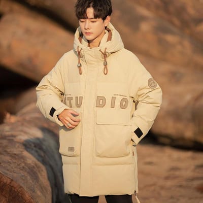 Doudoune Mi-Longue à Longue pour Homme Hiver Lettre Chaude et Épaisse à Capuche Veste d'Hiver 4XL kaki