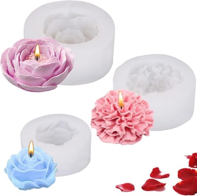 3 stuks 3D Bloemen Kaarsvormen Set - Siliconen Mallen voor Rozen, Anjer en Pioenroos