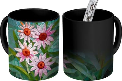 Magische Mok - Foto op Warmte Mokken - Koffiemok - Bloemen - Roze - Glasmozaïek - Magic Mok - Beker - 350 ML - Theemok