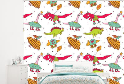 Behang - Fotobehang Patronen - Dino - Kleuren - Jongens - Kinderen - Kids - Kind - Breedte 300 cm x hoogte 240 cm