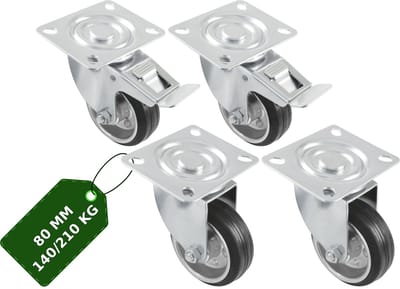 AMIG Zwenkwielen 80mm Set van 4 Rem+Zonder - 210kg Rubber Meubelwiel