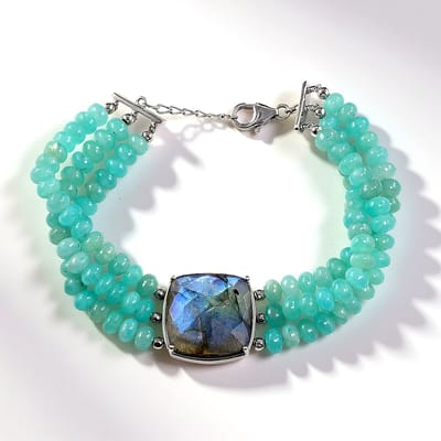 Cavill - Elegante Zilveren Armband - 925 Zilver Geplatineerd - Labradoriet 16 ct & Amazoniet 102 ct - Antiek Schaakbord