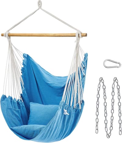 Hangstoel cocoon hangschommel met kussens - metalen ketting - 150 kg belastbaar - binnen en buiten - woonkamer slaapkamer - blauw GDC187Q01 hangstoel cocoon