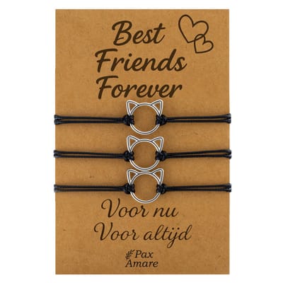 Vriendschapsarmbandjes voor 3 "Best Friends Forever" - Schattig Katje - BFF Armbandjes met Cadeau Kaartje - Zwart & Zilverkleurig - Katje / Poesje Armband - Pax Amare