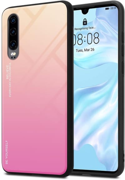 Cadorabo Hoesje geschikt voor Huawei P30 in GEEL - ROZE - Tweekleurige beschermhoes van TPU-silicone Case Cover en achterzijde van gehard glas