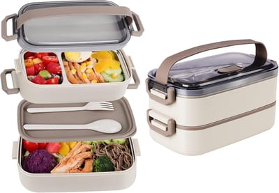Broodtrommel - Lunchbox - TENZHVXI® - Lekvrije Bentobox Voor Volwassenen - Verwarmbaar Met 304 RVS Bakjes - Duurzaam PP Plastic Onderbak - 2 Lagen Capaciteit Inclusief Bestekset - Voor Kantoor School En Reizen