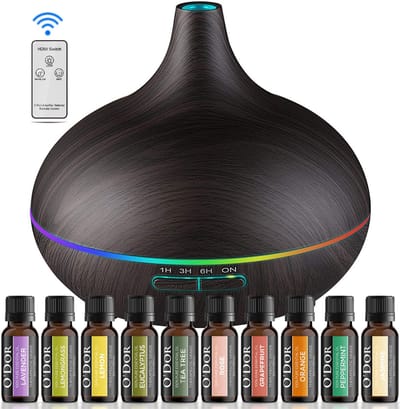 O'dor® Aroma Diffuser met Extra 10 flesjes Etherische Olie - met Afstandsbediening - Vernevelaar - Geurverspreider - Luchtbevochtiger – Verdamper – Aromatherapie - Geurverspreider - Donkerbruin