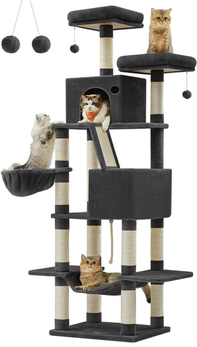 Feandrea - Krabpaal - Kattenboom - Voor Katten - XXL - 13 Krabpalen - 2 Grotten - Mand en Hangmat