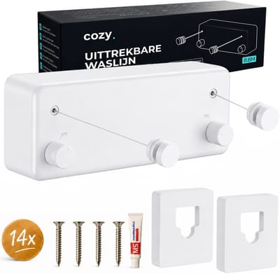 cozy.® Waslijn Uittrekbaar - Waslijndraad met stalen kern - Ook zonder boren - Wasdraad - Roldrooglijn - Drooglijn - Ruimtebesparend - 8.4 m (2x 4.2m) Drooglengte - Binnen en Buiten - Wit