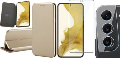 Hoesje geschikt voor Samsung Galaxy S22 Plus - Book Case Kunstlederen Wallet Cover Minimalistisch Pasjeshouder Hoes Goud - Tempered Glass Screenprotector - Camera Lens Protector
