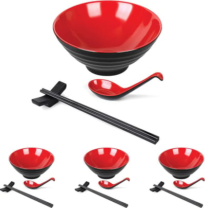 Japanse Ramen Kom Set Ramen Kom Set 16 Delige Japanse Servies Kom. Complete Ramen Set 4 - Kommen, Eetstokjes, Ramenlepels, Eetstokjesstandaard, 975 ML- Rood/Zwart